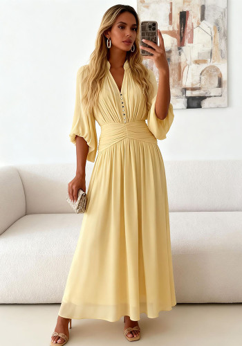 Women V-neck Ruched Puff Sleeve Mid-length Chic Dress