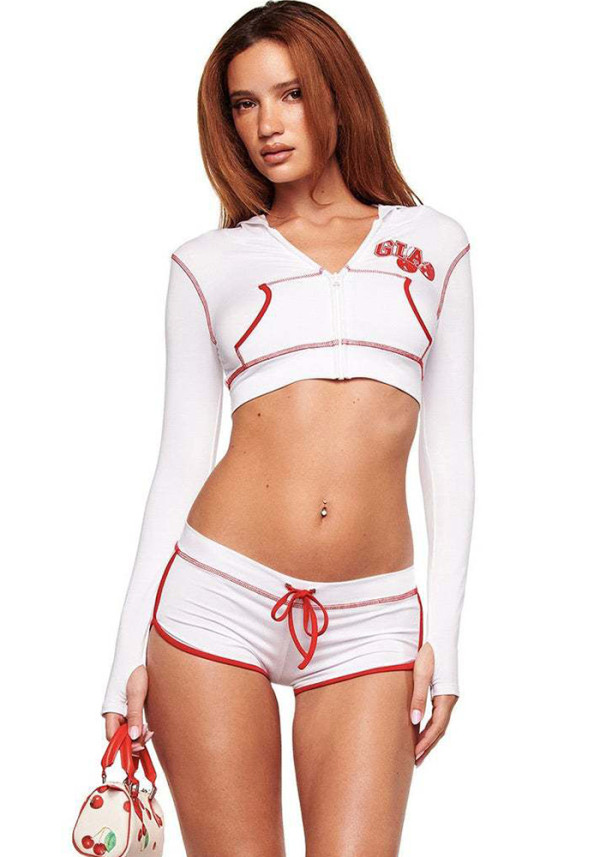 Women Casual Printed Zip Hooded Top Drawstring Shorts Set