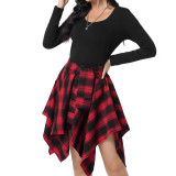 Women High Waist Plaid Irregular Patchwork Midi Skirt