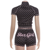 Women Summer Polka Dot Half Collar Zip Short Top Low Waist Shorts Set