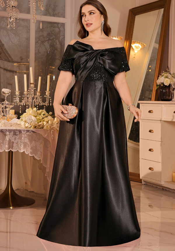 Women Plus Size Off Shoulder Satin Bow Sequin Party Evening Dress