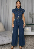 Women Round Neck Zip Sleeveless Patchwork Denim Jumpsuit