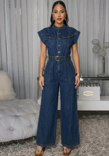 Women Round Neck Zip Sleeveless Patchwork Denim Jumpsuit