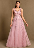 Women Deep V Mesh Floral Sequin Swing Evening Dress