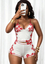 Women Summer Deep V Printed Camisole Vest Shorts Set Women Summer Deep V Printed Camisole Vest Shorts Set