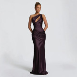 Women Slash Shoulder Hollow Out Asymmetric Pleated Mermaid Dress