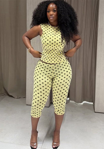 Women Spring Polka Dot Low Back Sleeveless Top Seven-point Pants Set