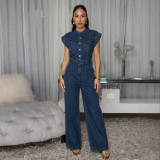 Women Round Neck Zip Sleeveless Patchwork Denim Jumpsuit