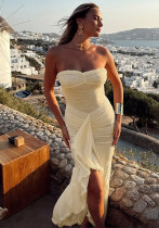 Women Spring Ruffled Patchwork Strapless Slit Bodycon Dress