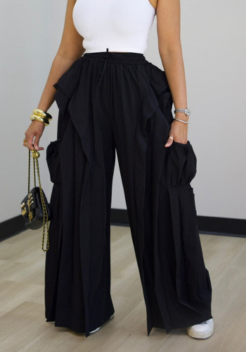 Women Casual Patchwork Lace Cargo Pocket Wide Leg Pants