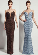 Women Sexy Deep V Low Back Sequin Mermaid Formal Party Evening Dress