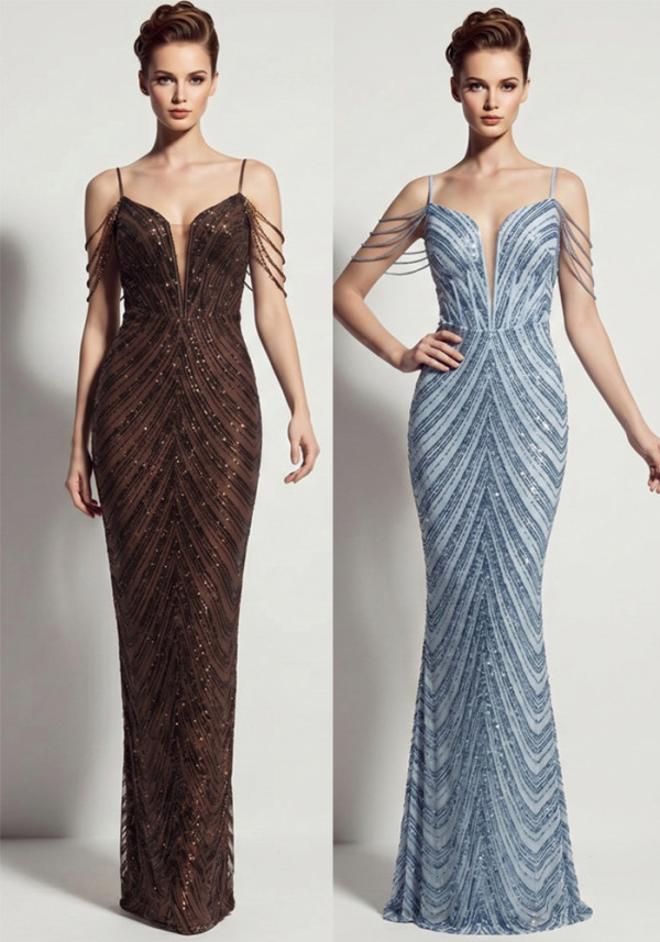 Women Sexy Deep V Low Back Sequin Mermaid Formal Party Evening Dress