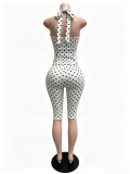 Women Elastic Polka Dot Printed Halter Neck Deep V Slim Fitting Pants Set