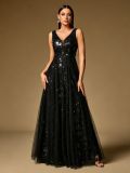 Women Deep V Mesh Floral Sequin Swing Evening Dress