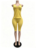 Women Elastic Polka Dot Printed Halter Neck Deep V Slim Fitting Pants Set