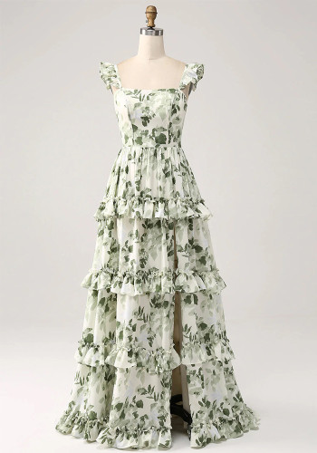 Women Strapless Floral Slit Cascading Ruffles Evening Dress