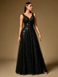 Women Deep V Mesh Floral Sequin Swing Evening Dress
