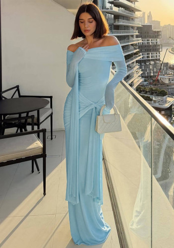 Women Spring Solid Color Off Shoulder Lace-Up Sexy Long Dress