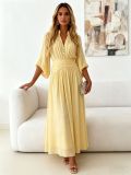 Women V-neck Ruched Puff Sleeve Mid-length Chic Dress