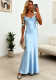 Women Light Blue Satin Ruffled Floral Strapless Formal Dress