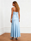 Women Light Blue Satin Ruffled Floral Strapless Formal Dress