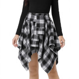 Women High Waist Plaid Irregular Patchwork Midi Skirt