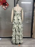 Women Strapless Floral Slit Cascading Ruffles Evening Dress