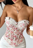 Women Lace Floral Button Strapless Fishbone Camisole