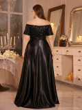 Women Plus Size Off Shoulder Satin Bow Sequin Party Evening Dress