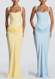 Women Solid Color Tie Patchwork Ruched Strapless Dress