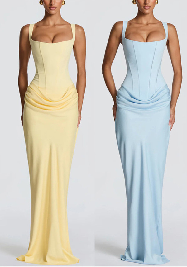 Women Solid Color Tie Patchwork Ruched Strapless Dress