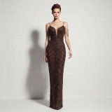Women Sexy Deep V Low Back Sequin Mermaid Formal Party Evening Dress