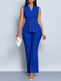 Women V-neck Sleeveless Slim Waist Vest Ruched Wide Leg Pants Career Set