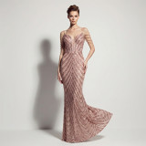 Women Sexy Deep V Low Back Sequin Mermaid Formal Party Evening Dress