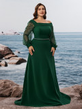 Women Plus Size Beaded Mesh Sleeve Pleated Slit Formal Dress