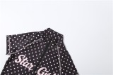 Women Summer Polka Dot Half Collar Zip Short Top Low Waist Shorts Set