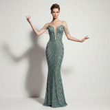 Women Sexy Deep V Low Back Sequin Mermaid Formal Party Evening Dress