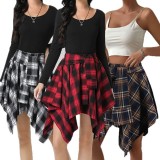 Women High Waist Plaid Irregular Patchwork Midi Skirt
