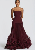 Women Strapless Slim Waist Petal Pleated Trailing Evening Dress