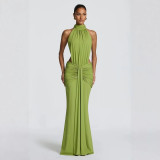 Women High Neck Ruched Halter Neck Low Back Formal Party Dress