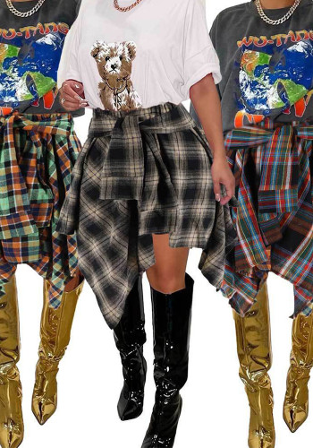 Women High Waist Plaid Irregular Patchwork Midi Skirt