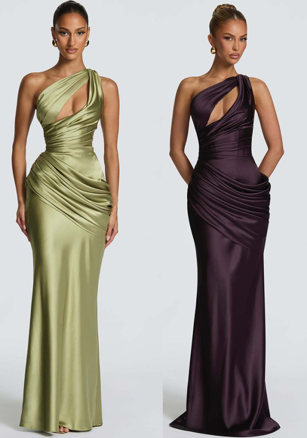 Women Slash Shoulder Hollow Out Asymmetric Pleated Mermaid Dress
