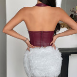 Women Pu Leather Halter Neck Lace-Up Slim Waist Camisole Top