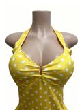 Women Elastic Polka Dot Printed Halter Neck Deep V Slim Fitting Pants Set