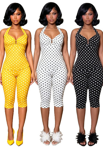 Women Elastic Polka Dot Printed Halter Neck Deep V Slim Fitting Pants Set