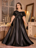 Women Plus Size Off Shoulder Satin Bow Sequin Party Evening Dress