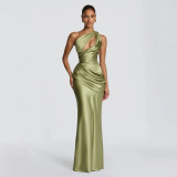 Women Slash Shoulder Hollow Out Asymmetric Pleated Mermaid Dress
