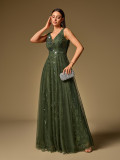 Women Deep V Mesh Floral Sequin Swing Evening Dress