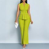 Women V-neck Sleeveless Slim Waist Vest Ruched Wide Leg Pants Career Set