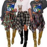 Women High Waist Plaid Irregular Patchwork Midi Skirt